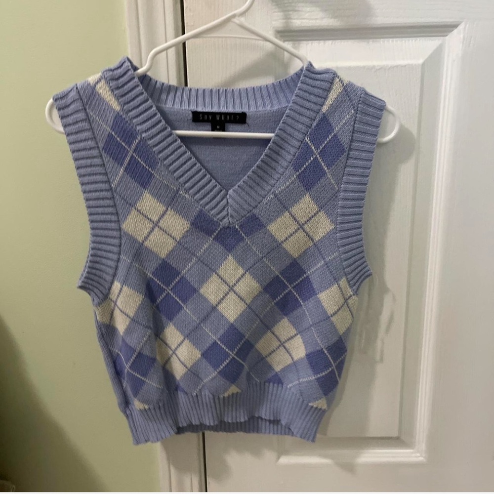 Say What? Blue and Cream Argyle V-Neck Sweater Vest